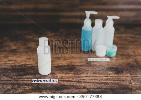 Minimalist Vs Hoarder Lifestyle, One Beauty Product Essential Vs Group With Different Types Of Lotio