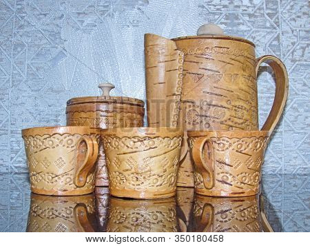 Cups, Sugar Bowl And Kettle Of Birch Bark. Kitchenware. Folk Craft Of Russia. Retro. Products From B