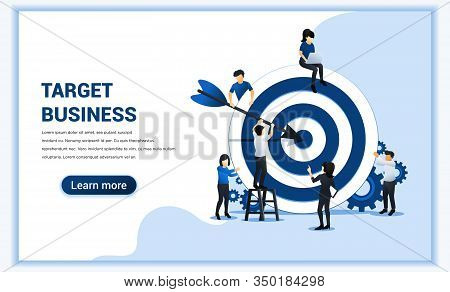 Business Web Banner Concept Design. People Put Darts On The Dartboard. Target With An Arrow, Hit The