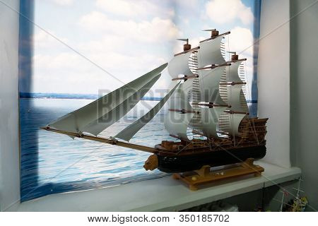 Sukhoy Log, Russia - June 26, 2019: Miniature Model Of Ship