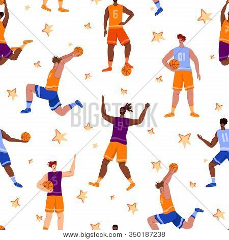 Basketball Players Seamless Pattern - Muscular People With Ball Run And Jump, Sport Team Traning, En