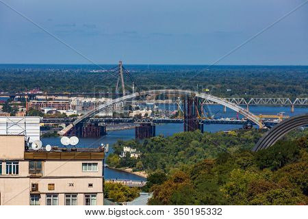 bridges in construction Dniepr river skyline cityscape Landmark of Kiev Ukraine Europe