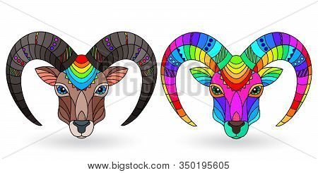 A Set Of Stained Glass Items, Stained Glass With A Rum Heads,solates On White Background