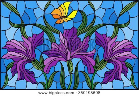 Illustration In Stained Glass Style With A Bouquet Of Purple Irises And Yellow Butterflies On A Blue