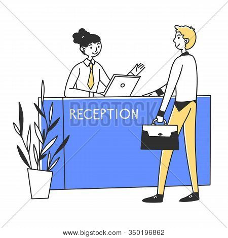 Manager Providing Services To Customer Vector Illustration. Office Reception Worker Giving Advice To
