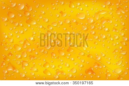 Realistic Range Background, Rectangular Surface. Transparent Droplets Orange Of Liquid Lie On On Mot