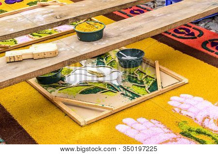Antigua, Guatemala -  April 13, 2017: Locals Make Temporary Dyed Sawdust Holy Thursday Procession Ca