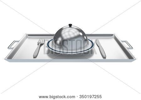 3d Illustration Of A White Plate Along With Silver Knif And Fork And Silver Plate Cover, Isolated On