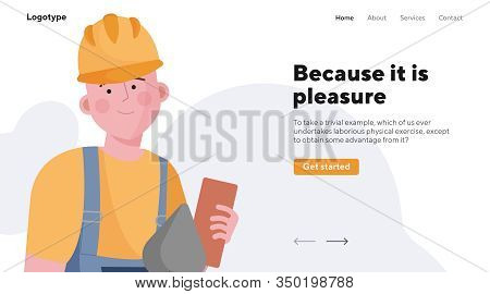 Builder Working At Construction Site. Worker In Helmet Holding Brick And Trowel Flat Vector Illustra