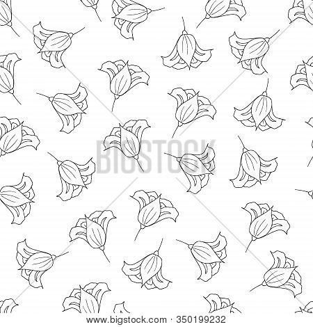 Seamless Pattern Of Doodle Flower Icon Iris. Hand Drawn Line Brush Element For Wedding, Birthday, Gr