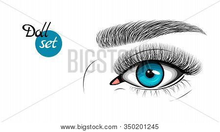 Vector Illustration Of Blue Female Eye With Extended Eyelashes And Eyebrow. Barbie Doll Set.
