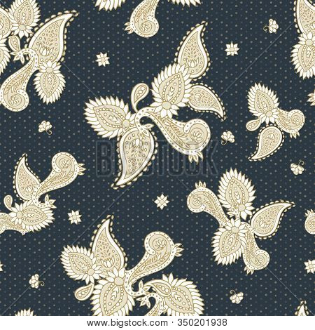 Elegant Golden Paisley Ethnic Seamless Vector Pattern On Dark Gray Dotted Background For Fabric, Wal