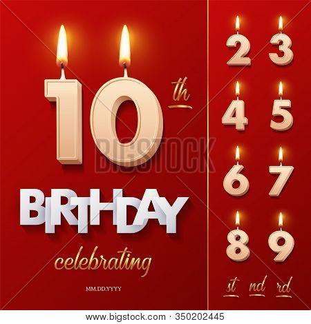 Burning Birthday Candle In The Form Of Number 10 Figure And Happy Birthday Celebrating Text With Num