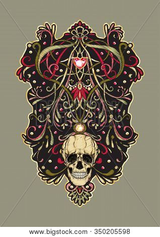 Patch, Embroidery Imitation. Decorative Floral Motif With Human Skull In Retro, Vintage, Jacobean Em