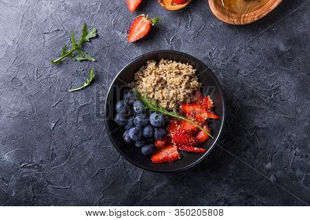 Healthy Vegan Diet Salad Quinoa With Blueberry,strawberry, Honey And Chia Seeds. Concept Sooper Food
