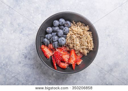 Healthy Vegan Diet Salad Quinoa With Blueberry,strawberry, Honey And Chia Seeds. Concept Sooper Food
