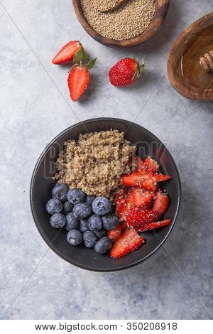 Healthy Vegan Diet Salad Quinoa With Blueberry,strawberry, Honey And Chia Seeds. Concept Sooper Food