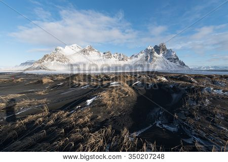 Iceland Landscape Scenics View At Vestrahorn Famous Moutains For Tourist At Stokksnes Peninsula,icel