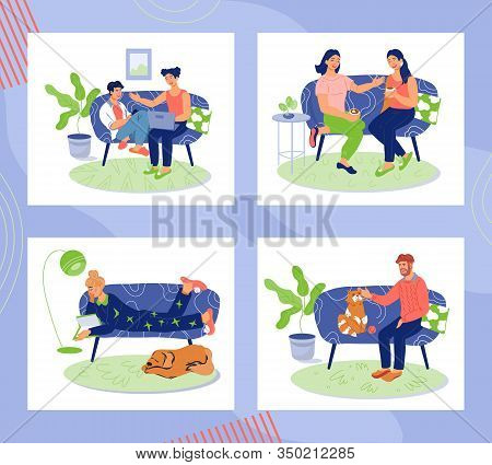 Set Of Men And Women Characters Resting At Home - Communicating, Coworking And Talking Friendly On S