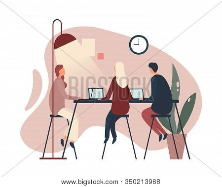 Team Of Designers Working On Project Under Lamp. Vector Illustration