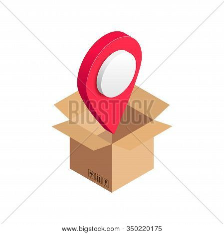 Isometric Opened Cardboard Box With Map Pointer Inside Isolated On Whte Background. 3d Relocation Se