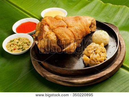 Crisp Knuckle Of Pork With Mashed Potatoes And Sauce, German Cuisine
