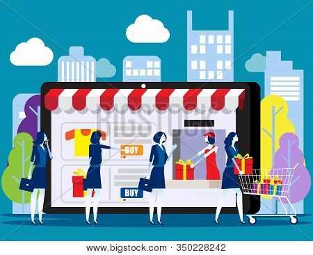 People Shoping Online. Concept With Happy Customers Buying And Making Pay Ments With Smarthphones, E