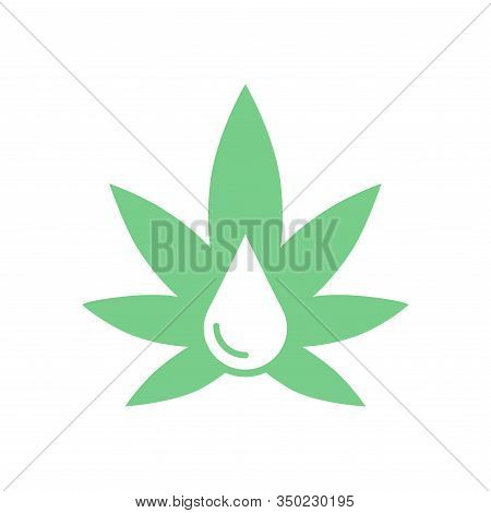 Icon Of A Marijuana Leaf With A Drop Of Oil. Flat And Green Design.