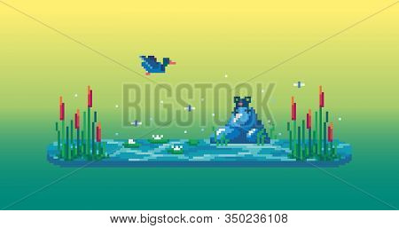 Pixel Art Swamp With Cute Frog, Reeds, Water Lilies And Duck. Vector Illustration.