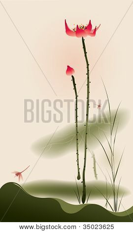 东方风格绘画，高高的莲花