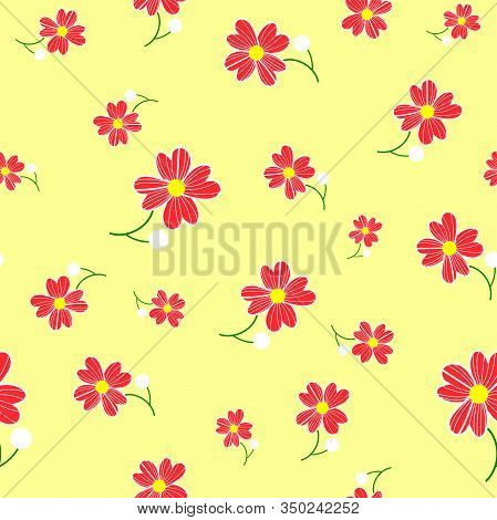 Seamless Cute Floral Spting Pattern Background. Red Flower Pattern On Yellow Background. Mothers Day