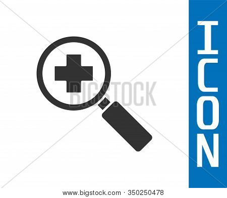 Grey Magnifying Glass For Search Medical Icon Isolated On White Background. Hospital Search. Vector 