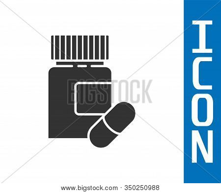 Grey Medicine Bottle And Pills Icon Isolated On White Background. Bottle Pill Sign. Pharmacy Design.