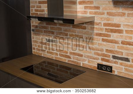 Modern Kitchen With Electric Oven, Electic Stove And Exhauster Kitchen Fan Or Range Hood. Modern Air
