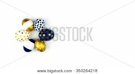 White, Golden And Blue Easter Eggs Flat Lay Isolated On White Background Top View With Copy Space. M