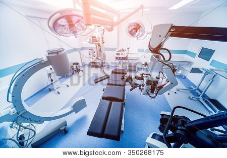 Modern Equipment In Operating Room. Medical Devices For Neurosurgery.