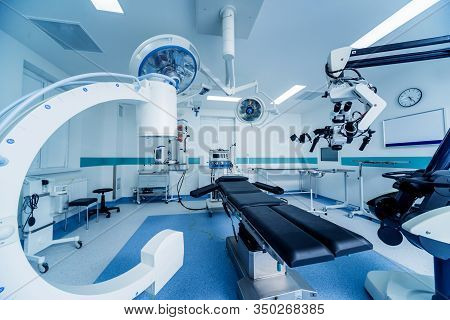Modern Equipment In Operating Room. Medical Devices For Neurosurgery.