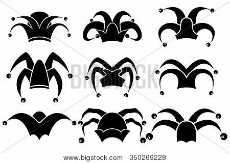 A Set Of Nine Different Jester Hats. Illustration For All Fools ' Day, April First.