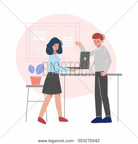 Business People At Work, Office Emloyees Characters Working In Creative Coworking Space Vector Illus