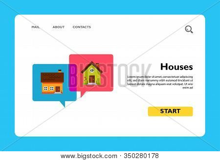 Blue And Pink Speech Bubbles With Different Houses. Real Estate Sale, Real Estate Purchase, Exchange
