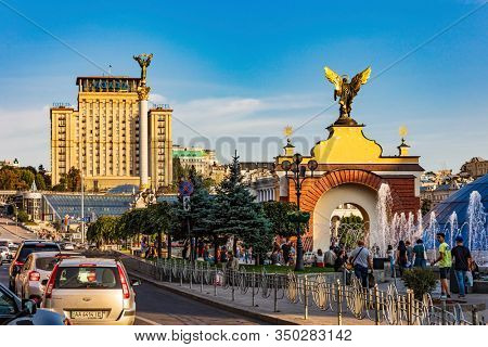 Kiev , Ukraine - August 30, 2019 : Maidan square skyline cityscape Landmark