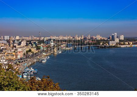 Kiev , Ukraine - August 30, 2019 : Dniepr river skyline cityscape Landmark of Kiev Ukraine Europe
