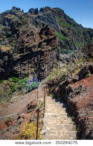 Hiking Trail At Madeira Mountains. The Stairs Of Trail Is Made In Volcanic Rock And Paved With Natur