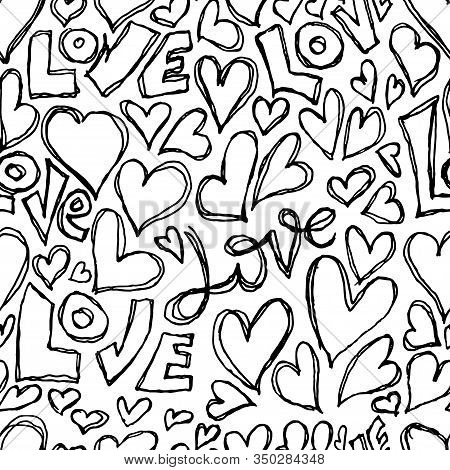 Vector Vlack And White Seamless Pattern With Doodle Heart And Love Lettering. Valentines Day And Wed