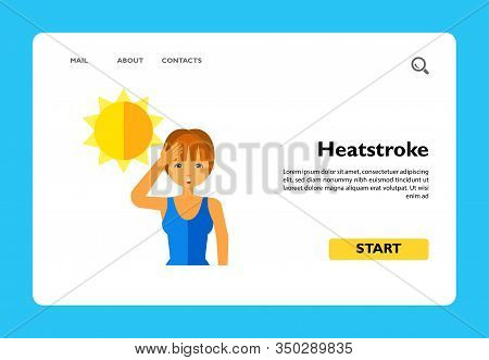Young Woman In Blue Swimsuit Touching Her Feathering Head. Dehydration, Sunstroke, Uv Radiation. Hea