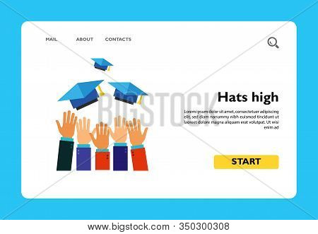 Icon Of Hands Throwing Hats High. Headwear, Pupil, Student. Graduation Concept. Can Be Used For Topi