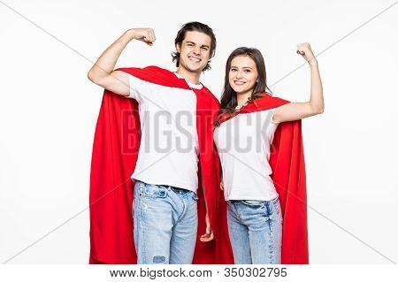 Young Couple Wear In Super Hero Cout Show The Power Isolated On White Background