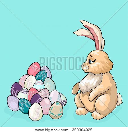 Easter Bunny Sitting Sideways. Near Heap Of Colored Eggs. Postcard Designs For Easter