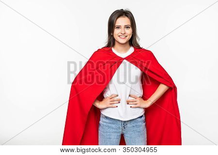 Young Woman Her Wear In Hero Cout Isolated On White Background