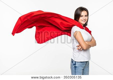 Young Woman Her Wear In Hero Cout Isolated On White Background